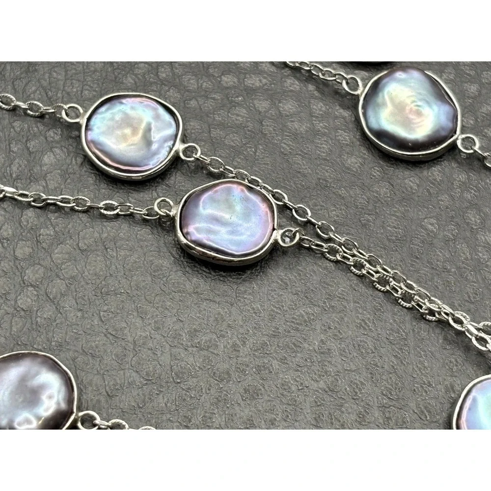 Sterling Silver Iridescent Peacock Coin Pearl Station Necklace 35